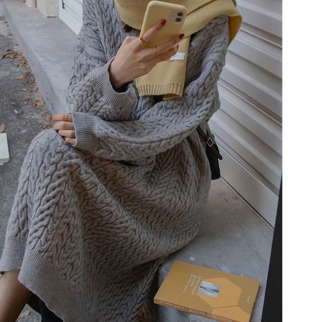 Plain Midi V-Neck Sweater Long-Sleeve Dress