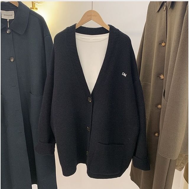 Cardigan Embroidered V-Neck Button-Up Letter