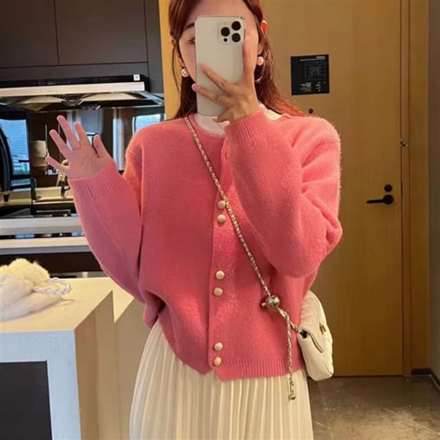 Buttoned Cardigan Faux Plain Pearl