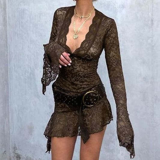 Lace Mini Dress V-Neck Bodycon Long-Sleeve