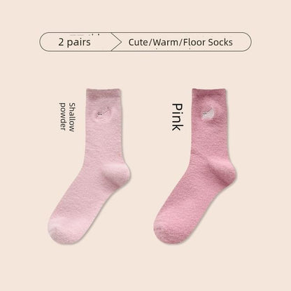 Cat Embroidered Fleece Short Socks / Set