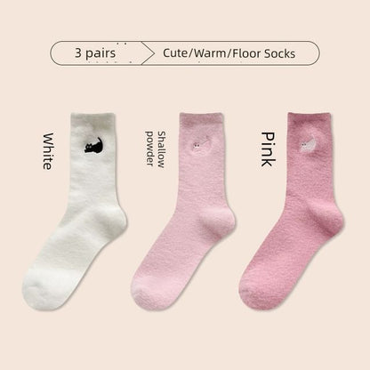 Cat Embroidered Fleece Short Socks / Set