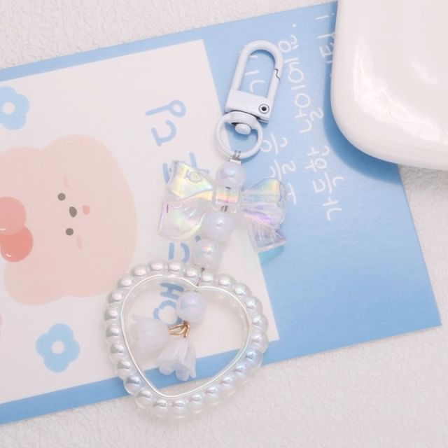 Bow Heart Faux Pearl Acrylic Bag Charm Keyring