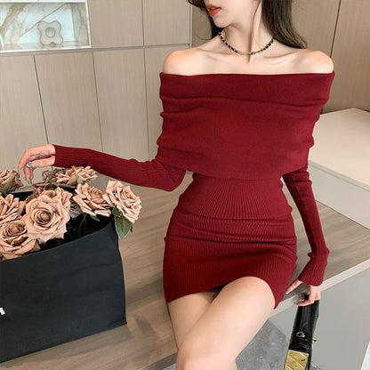 Long-Sleeve Off-Shoulder Plain Ribbed Mini Knit Sheath Dress