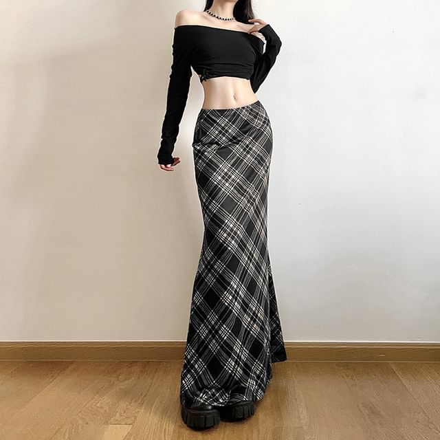 Plaid Mesh Mermaid Maxi Skirt with Mid Waistline