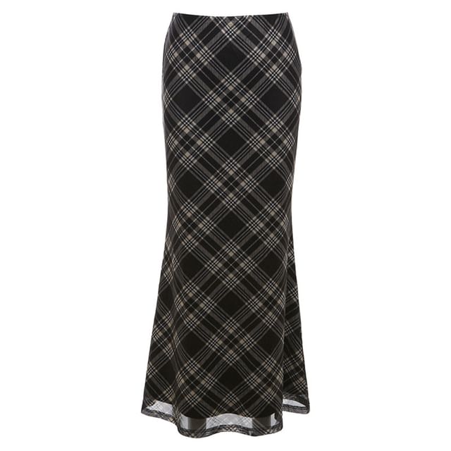 Plaid Mesh Mermaid Maxi Skirt with Mid Waistline
