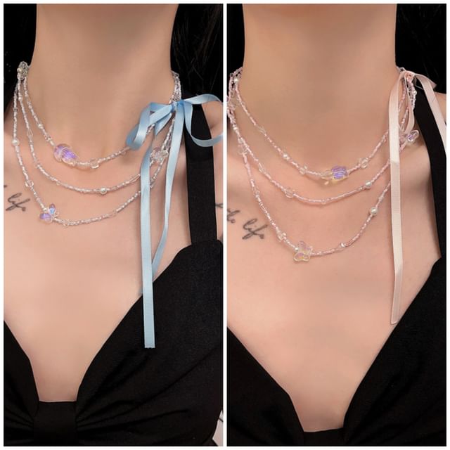 Bead Ribbon Necklace Layered Butterfly