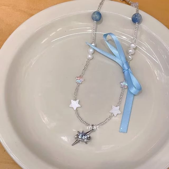 Pendant Ribbon Rhinestone Necklace