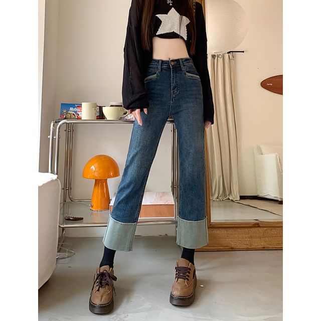 High Waist Washed Panel Cropped Straight Leg Jeans