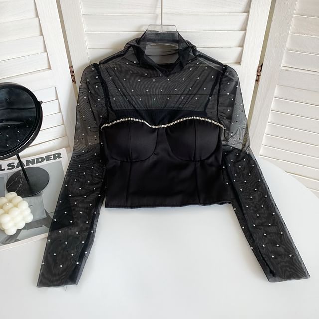 Long-Sleeve Mock Neck Rhinestone Mesh Panel Top