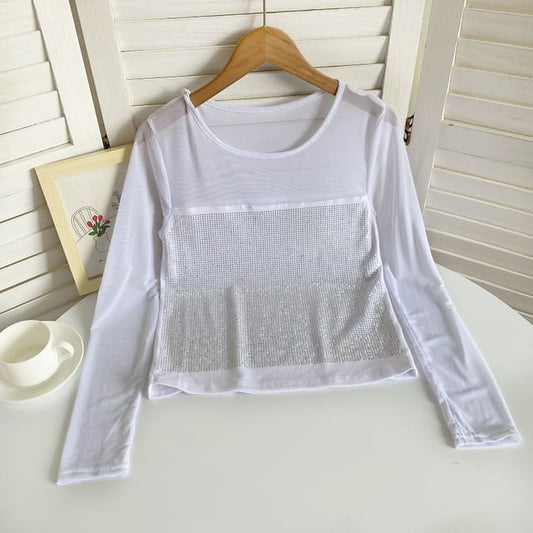 Long-Sleeve Scoop Neck Rhinestone Mesh Top