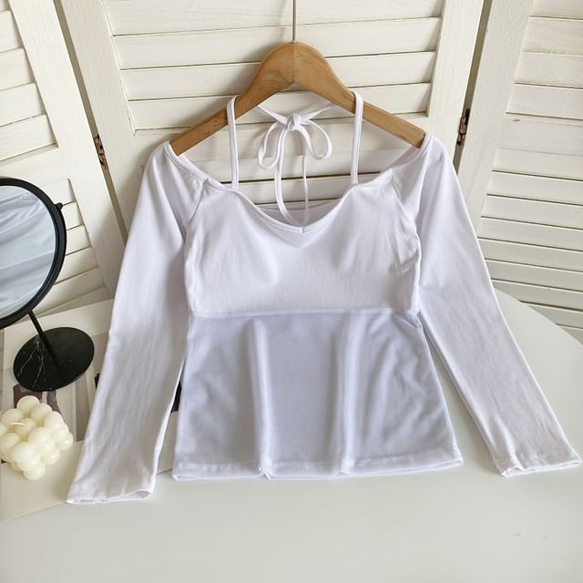 Long-Sleeve Halter Off-Shoulder Mesh Panel T-Shirt