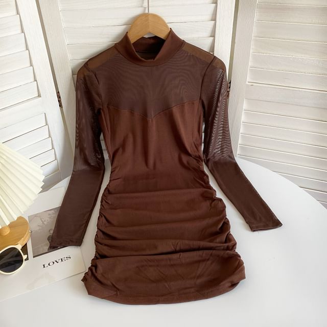 Long-Sleeve Mock Neck Plain Ruched Mesh Panel Mini Sheath Dress