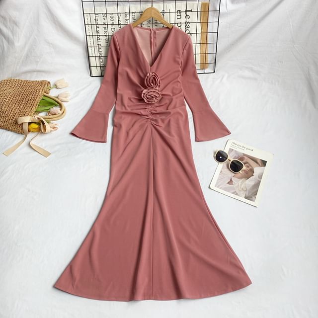 Long-Sleeve V-Neck Plain Flower Accent Ruched Midi A-Line Dress