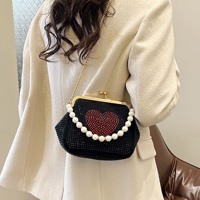 Heart Patterned Rhinestone Kiss Lock Faux Pearl Handle Evening Bag