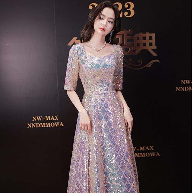 Elbow-Sleeve Dress Neck A-Line Maxi Iridescent Scoop