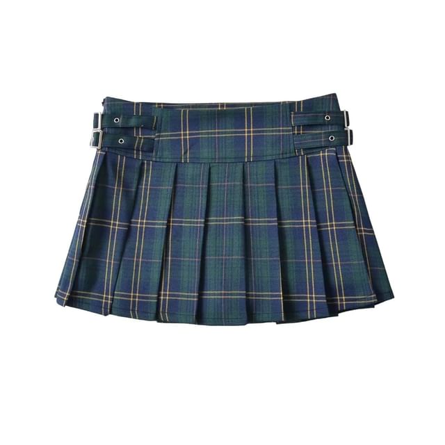 Plaid Pleated Mini A-Line Skirt with Low Waist