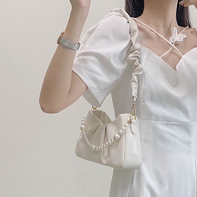 Faux Pearl Strap Shirred Shoulder Bag / Sash / Set