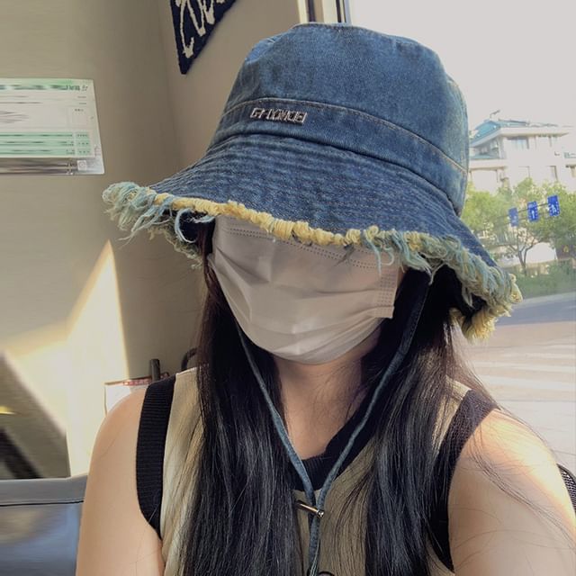 Hat Lettering Denim Fringed Bucket