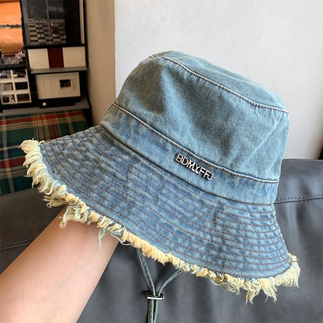 Lettering Fringed Denim Bucket Hat