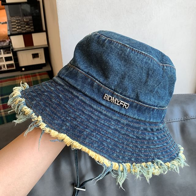 Hat Lettering Denim Fringed Bucket