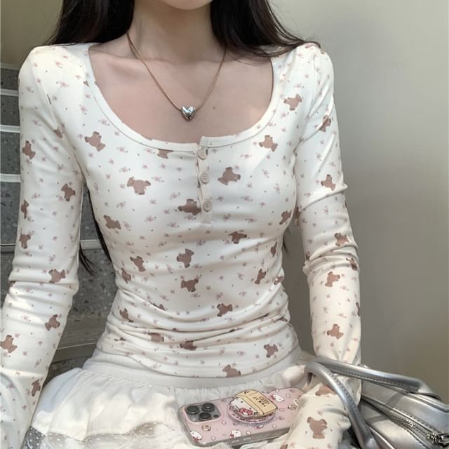 T-Shirt Henley Print Long-Sleeve Bear