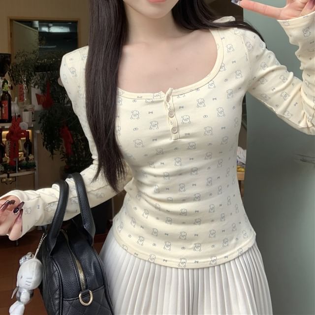 T-Shirt Henley Print Long-Sleeve Bear