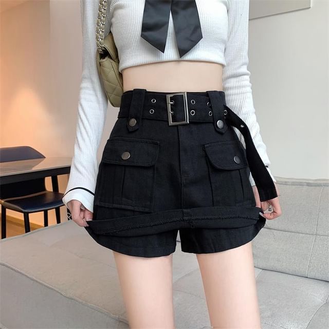 High Waist Plain Belted Mini Denim Cargo Skort