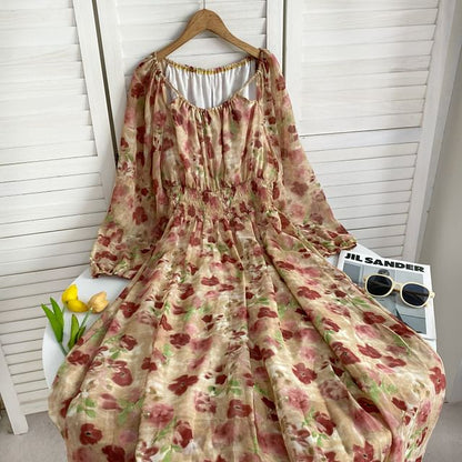 Long-Sleeve Scoop Neck Floral Maxi A-Line Dress