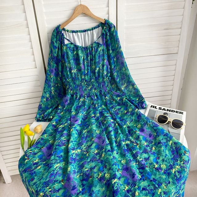 Long-Sleeve Scoop Neck Floral Maxi A-Line Dress