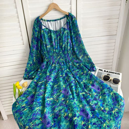 Long-Sleeve Scoop Neck Floral Maxi A-Line Dress