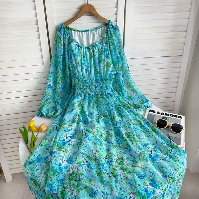 Long-Sleeve Scoop Neck Floral Maxi A-Line Dress