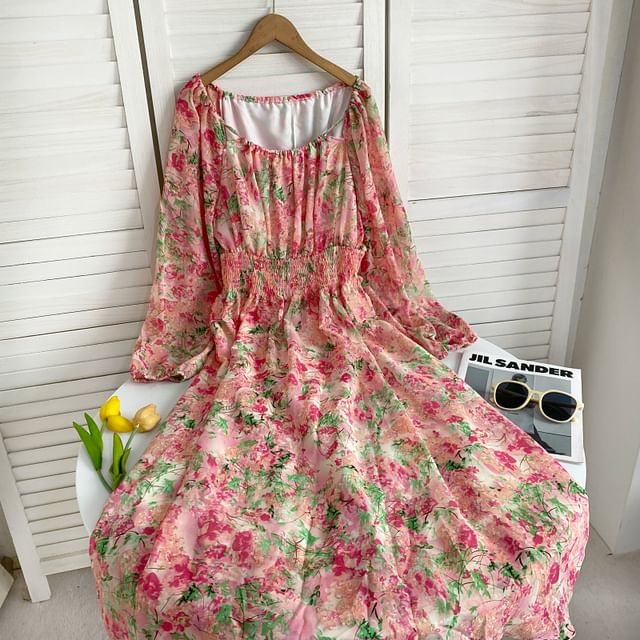 Long-Sleeve Scoop Neck Floral Maxi A-Line Dress