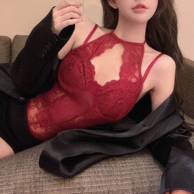 Halter Lace-Panel Cutout Bodysuit Top