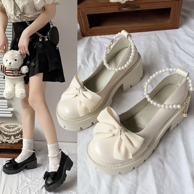Chunky Loafers Ankle Platform Heel Bow Strap