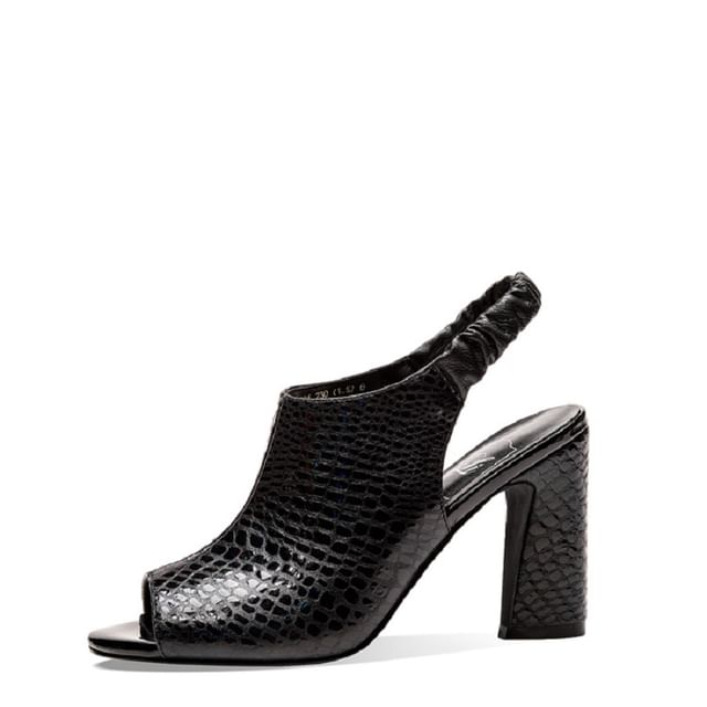Grain Heel Faux Peep Sandals Croc Leather Chunky Toe