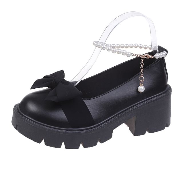 Chunky Loafers Ankle Platform Heel Bow Strap