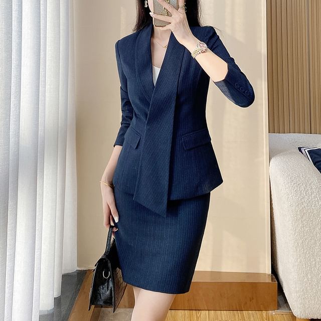 Striped Wrap Blazer with Skirt and Pants Set