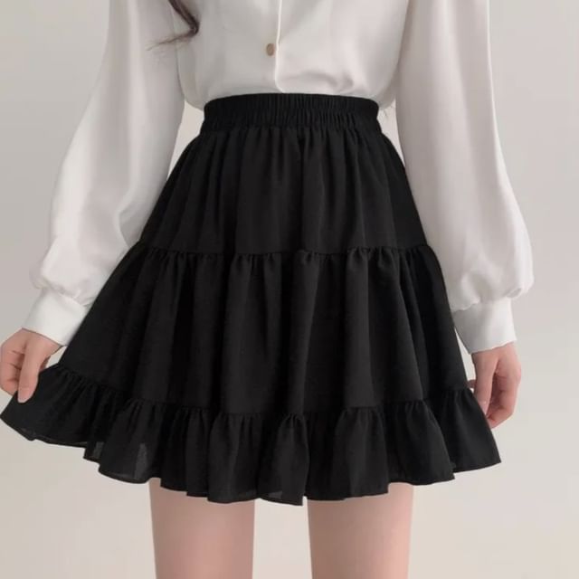 High Waist A-Line Mini Skirt in Solid Color