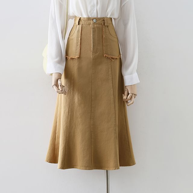 Tassel Trim Denim A-Line Midi Skirt with High Waist