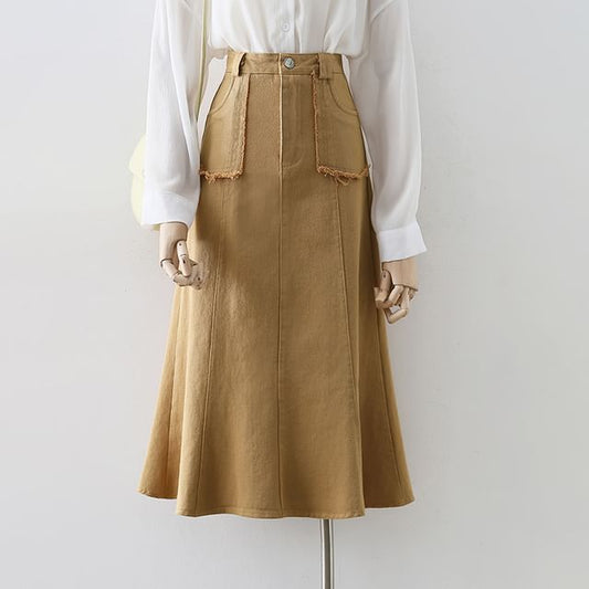Tassel Trim Denim A-Line Midi Skirt with High Waist