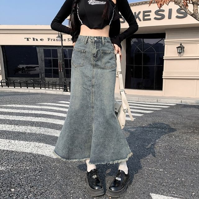 Denim Mermaid Midi Skirt with High Waist
