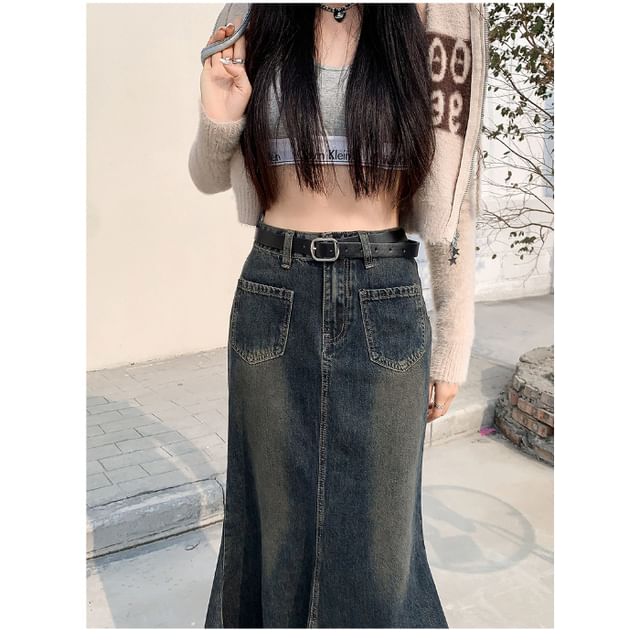 Denim Mermaid Midi Skirt with High Waist