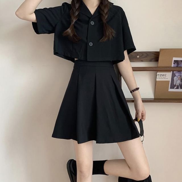 Crop Shirt and Pleated Mini Skirt Outfit Set