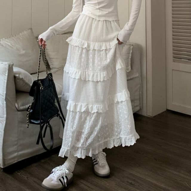 Cutout Layered A-Line Midi Skirt with Mid Waist