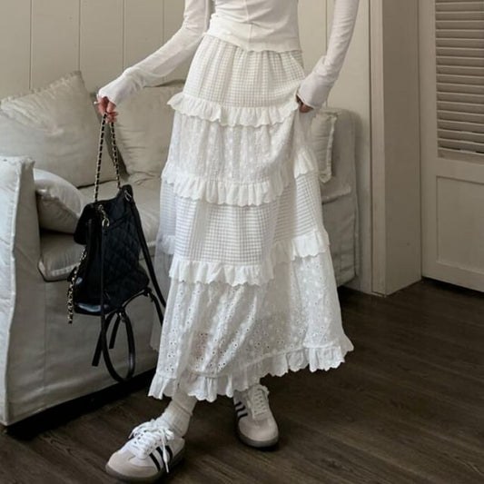 Cutout Layered A-Line Midi Skirt with Mid Waist