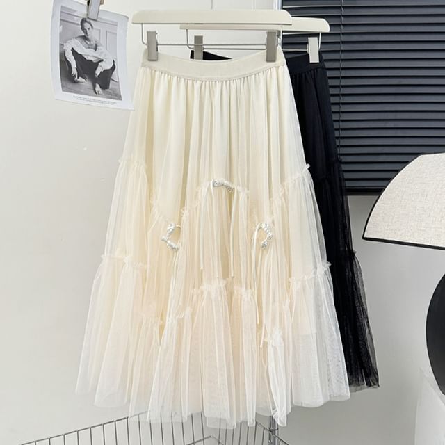 Frog Button Mesh A-Line Skirt with Elastic Waist