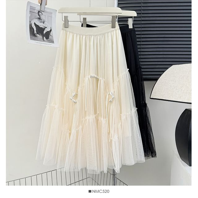 Frog Button Mesh A-Line Skirt with Elastic Waist