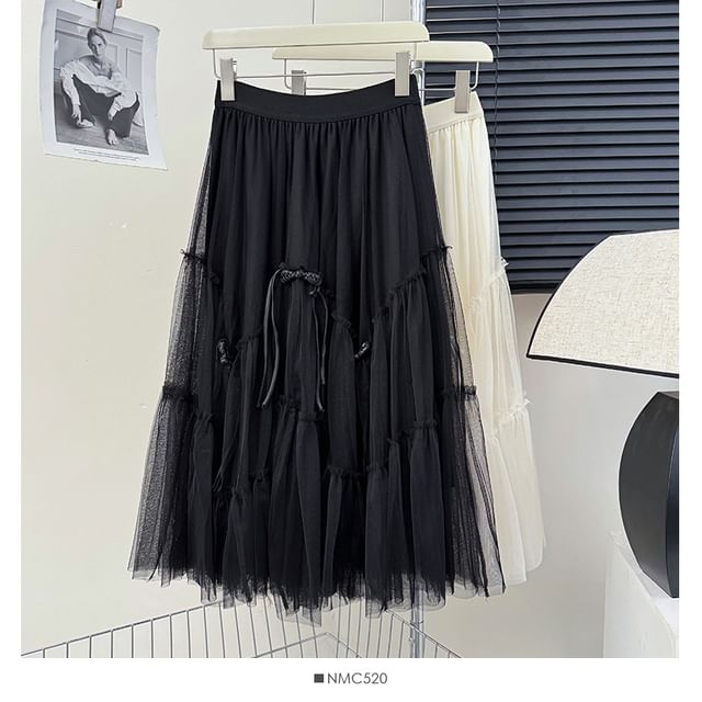 Frog Button Mesh A-Line Skirt with Elastic Waist