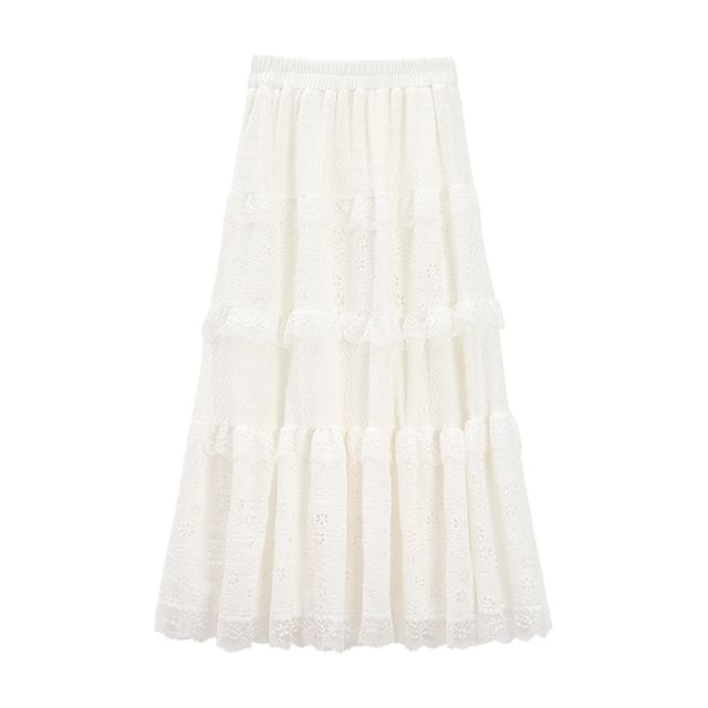Ruffle Panel Maxi A-Line Skirt with Elastic Waist